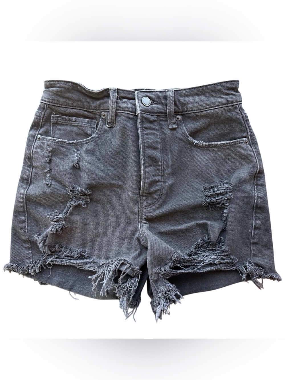 Good American Bombshell Shorts Black High Rise Distressed Denim Button Fly 4/27